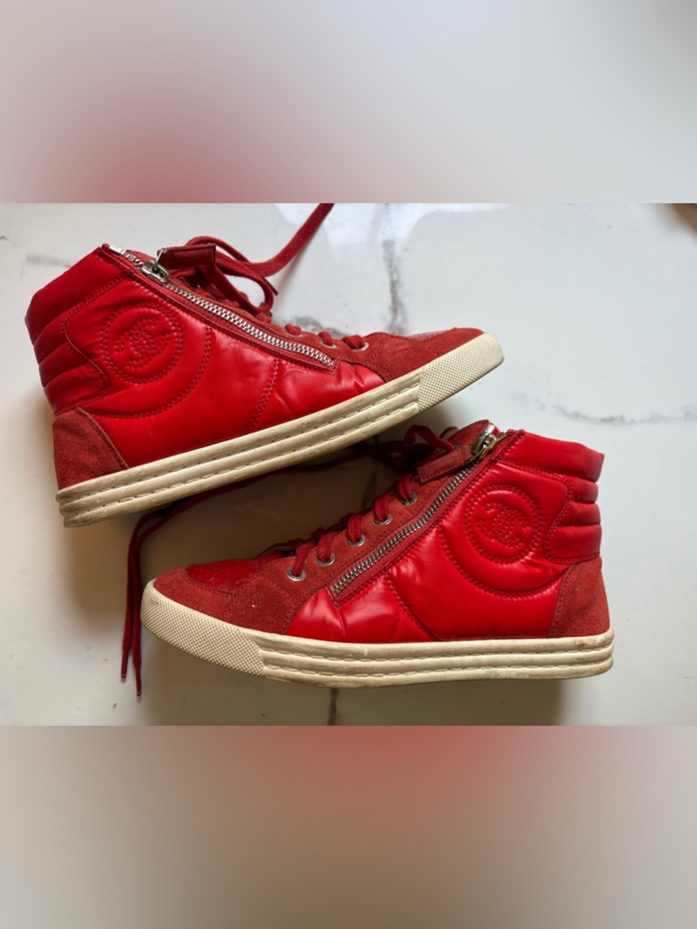CHANEL Red High-Top Sneakers with Side Zips
